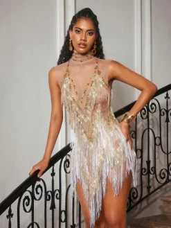 Bodysuits|Tops*Embellishment O/S Buggan Rhinestone Fringe Mesh Mini Dress In Gold