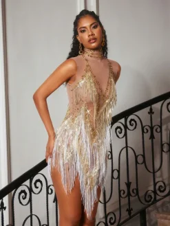 Bodysuits|Tops*Embellishment O/S Buggan Rhinestone Fringe Mesh Mini Dress In Gold