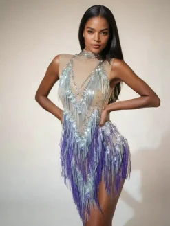 Dresses|Mini Dresses*Jiu Bajia O/S Buggan Rhinestone Fringe Mesh Mini Dress In Purple