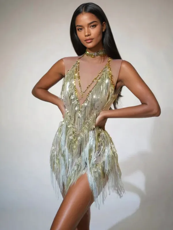 Dresses|Mini Dresses*Jiu Bajia O/S Buggan Rhinestone Fringe Mesh Mini Dress In Gold