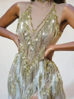 Dresses|Mini Dresses*Jiu Bajia O/S Buggan Rhinestone Fringe Mesh Mini Dress In Gold