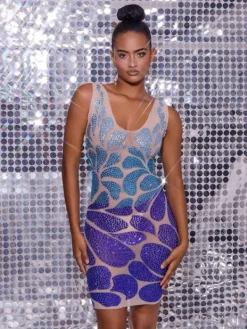 Embellishment|Dresses*Embellishment Cairo Crystal Embellished Mini Dress In Light Nude & Blue