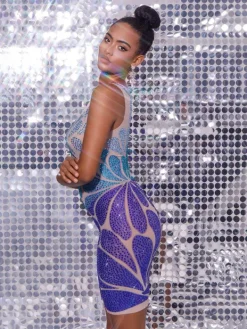 Embellishment|Dresses*Embellishment Cairo Crystal Embellished Mini Dress In Light Nude & Blue