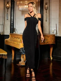 Dresses|Maxi Dresses*Mew Mews Fashion Caishen Off Shoulder Ruched Maxi Dress In Black