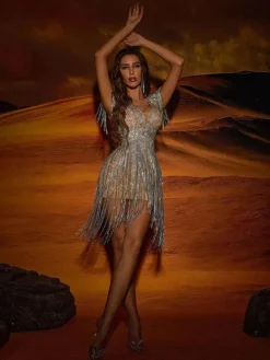 Embellishment|Dresses*Embellishment Calico Crystal Fringe Mini Dress