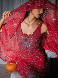 Headwear*Mew Mews Fashion Calyx Cobweb Sequin Veil In Red