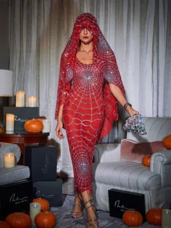 Dresses|Midi Dresses*Mew Mews Fashion Calyx Scoop Neck Cobweb Sequin Midi Dress In Red