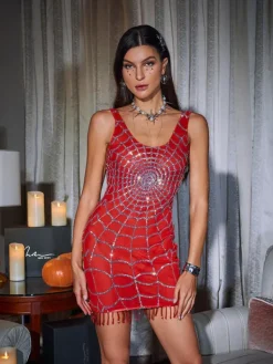 Dresses|Mini Dresses*Mew Mews Fashion Calyx Scoop Neck Cobweb Sequin Mini Dress In Red