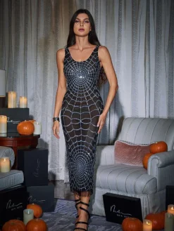 Dresses|Midi Dresses*Mew Mews Fashion Calyx Scoop Neck Cobweb Sequin Midi Dress In Black