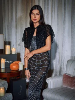 Dresses|Midi Dresses*Mew Mews Fashion Calyx Scoop Neck Cobweb Sequin Midi Dress In Black
