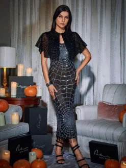 Dresses|Midi Dresses*Mew Mews Fashion Calyx Scoop Neck Cobweb Sequin Midi Dress In Black