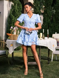 Mini Dresses|Dresses*Mew Mews Fashion Camo V Neck Flower Embroidered Mini Dress In Blue