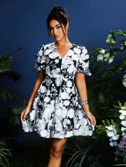 Dresses*Mew Mews Fashion Camo V Neck Flower Embroidered Mini Dress In Black
