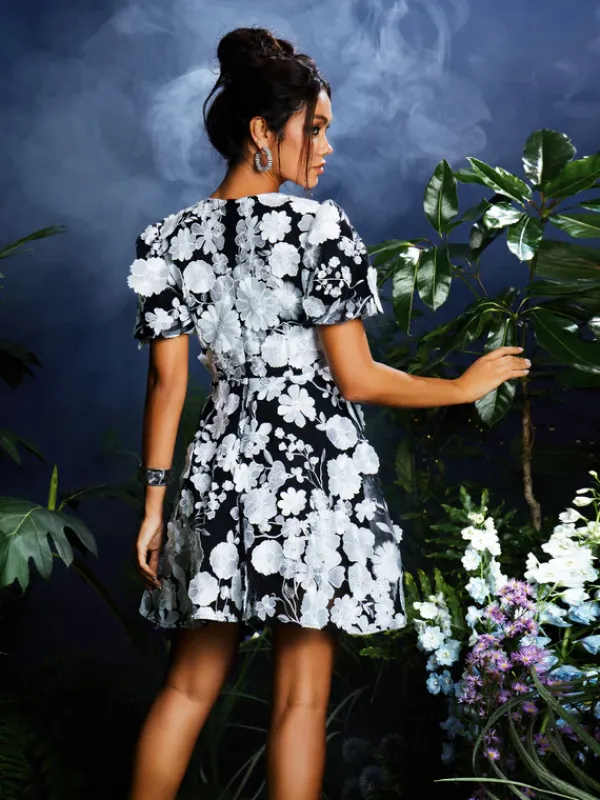 Dresses*Mew Mews Fashion Camo V Neck Flower Embroidered Mini Dress In Black