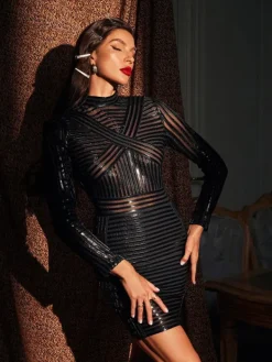 Embellishment|Dresses*Lu Yili Carina Long Sleeve Stripe Mini Dress