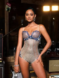 Bodysuits|Tops*Nuo Fansi Carmindy Spaghetti Seashell Rhinestone Bodysuit