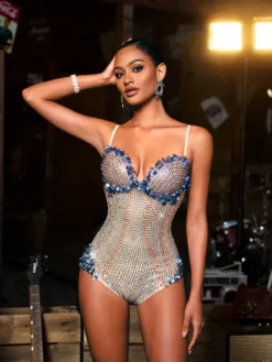 Bodysuits|Tops*Nuo Fansi Carmindy Spaghetti Seashell Rhinestone Bodysuit