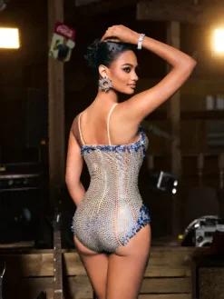 Bodysuits|Tops*Nuo Fansi Carmindy Spaghetti Seashell Rhinestone Bodysuit