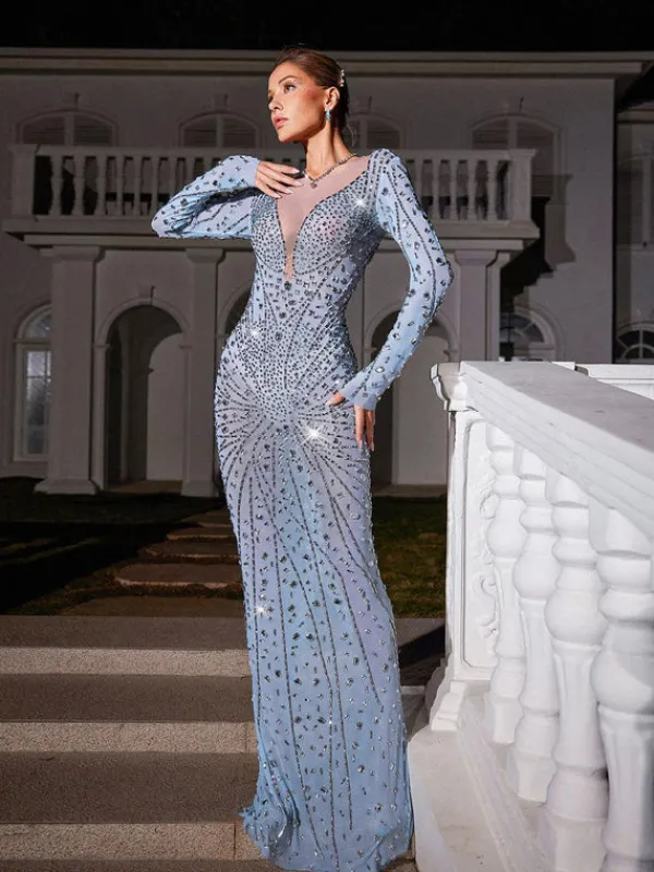 Embellishment|Dresses*Embellishment Casey Long Sleeve Rhinestone Mesh Maxi Dress