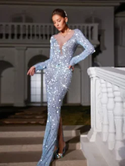 Embellishment|Dresses*Embellishment Casey Long Sleeve Rhinestone Mesh Maxi Dress