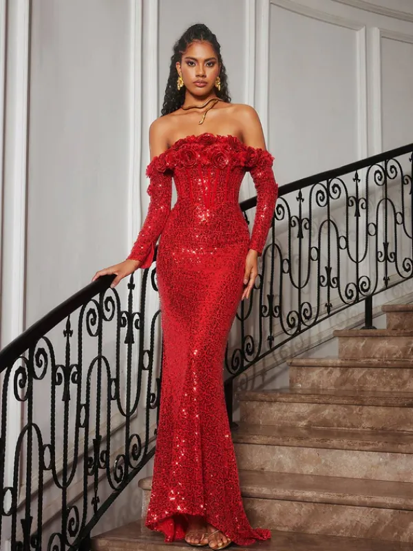 Embellishment|Dresses*Lu Yili Catherynne Off Shoulder Flower Sequin Maxi Dress