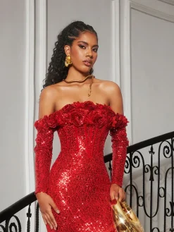 Embellishment|Dresses*Lu Yili Catherynne Off Shoulder Flower Sequin Maxi Dress