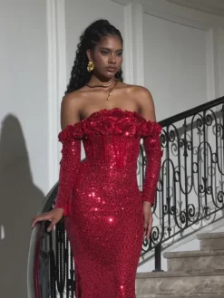 Embellishment|Dresses*Lu Yili Catherynne Off Shoulder Flower Sequin Maxi Dress