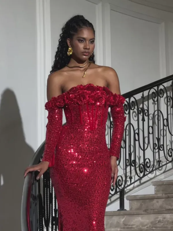 Embellishment|Dresses*Lu Yili Catherynne Off Shoulder Flower Sequin Maxi Dress