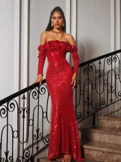 Embellishment|Dresses*Lu Yili Catherynne Off Shoulder Flower Sequin Maxi Dress
