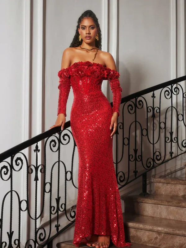 Embellishment|Dresses*Lu Yili Catherynne Off Shoulder Flower Sequin Maxi Dress
