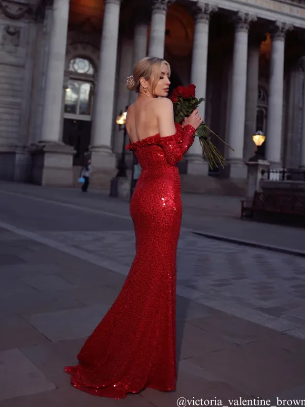 Embellishment|Dresses*Lu Yili Catherynne Off Shoulder Flower Sequin Maxi Dress