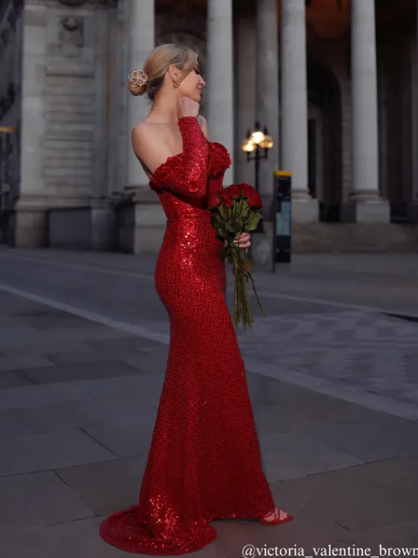 Embellishment|Dresses*Lu Yili Catherynne Off Shoulder Flower Sequin Maxi Dress