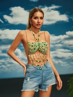 Beaded Wear|Tops*Mew Mews Fashion O/S Catlin Gemstone Beaded Bralette In Green