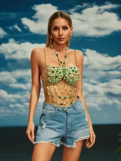 Beaded Wear|Tops*Mew Mews Fashion O/S Catlin Gemstone Beaded Bralette In Green