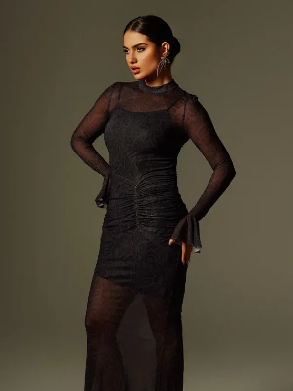 Dresses|Maxi Dresses*Mew Mews Fashion Caus Long Sleeve Ruched Maxi Dress