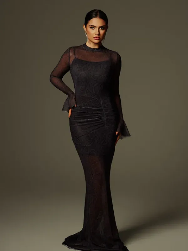 Dresses|Maxi Dresses*Mew Mews Fashion Caus Long Sleeve Ruched Maxi Dress