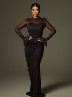 Dresses|Maxi Dresses*Mew Mews Fashion Caus Long Sleeve Ruched Maxi Dress