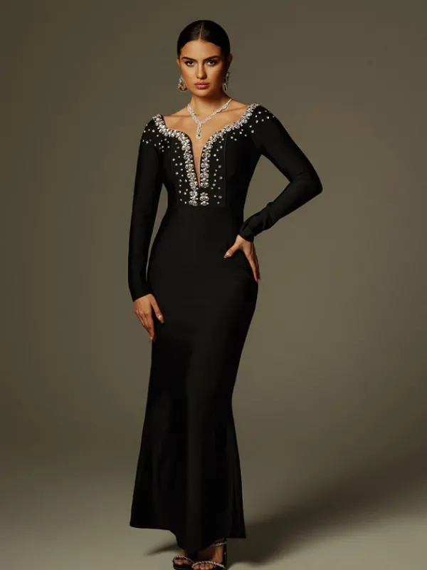 Dresses|Maxi Dresses*Bandage Cayla V Neck Rhinestone Maxi Dress
