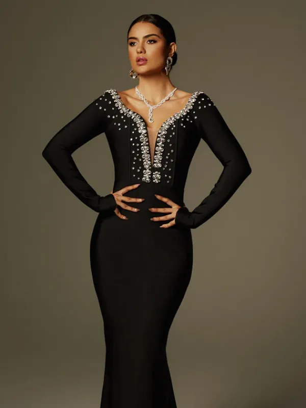 Dresses|Maxi Dresses*Bandage Cayla V Neck Rhinestone Maxi Dress