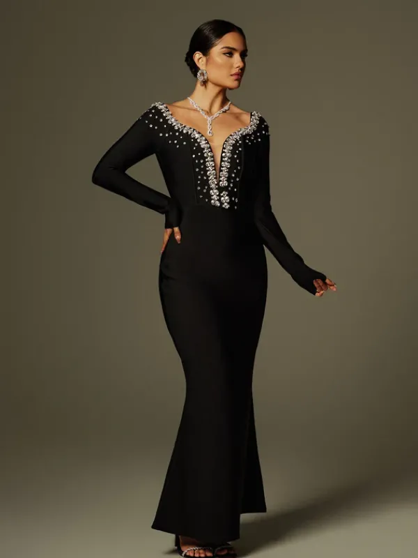 Dresses|Maxi Dresses*Bandage Cayla V Neck Rhinestone Maxi Dress