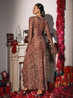 Dresses|Maxi Dresses*Mew Mews Fashion Caysie V Neck Ruffle Leopard Split Maxi Dress