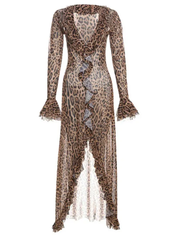 Dresses|Maxi Dresses*Mew Mews Fashion Caysie V Neck Ruffle Leopard Split Maxi Dress