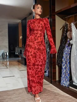 Dresses|Maxi Dresses*Mew Mews Fashion Cecily Long Sleeve Rose Printed Maxi Dress