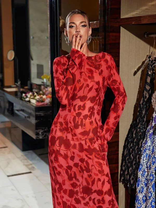 Dresses|Maxi Dresses*Mew Mews Fashion Cecily Long Sleeve Rose Printed Maxi Dress