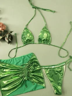 Bikini Sets|Swimwear*Mew Mews Fashion Cedar Lacing Metallic Bikini Three Piece Set