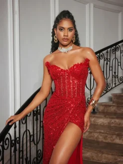 Embellishment|Dresses*Lu Yili Cerci Strapless Rhinestone Sequin Split Maxi Dress