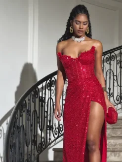 Embellishment|Dresses*Lu Yili Cerci Strapless Rhinestone Sequin Split Maxi Dress