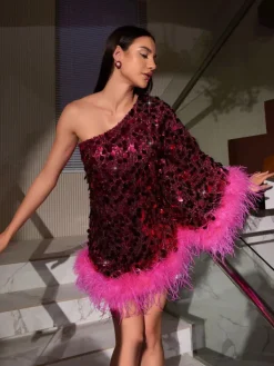 Dresses*Mew Mews Fashion Ceridwen One Shoulder Feather Sequin Dress