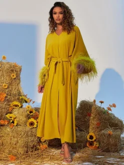 Dresses*Mew Mews Fashion Ceridwen V Neck Feather Trimmed Split Maxi Dress