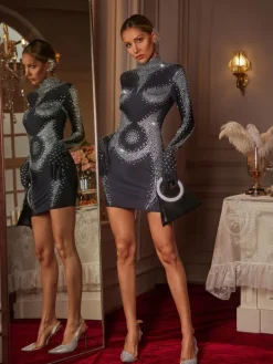 Embellishment|Dresses*Embellishment Ceyla Long Sleeve Rhinestone Embellished Mini Dress